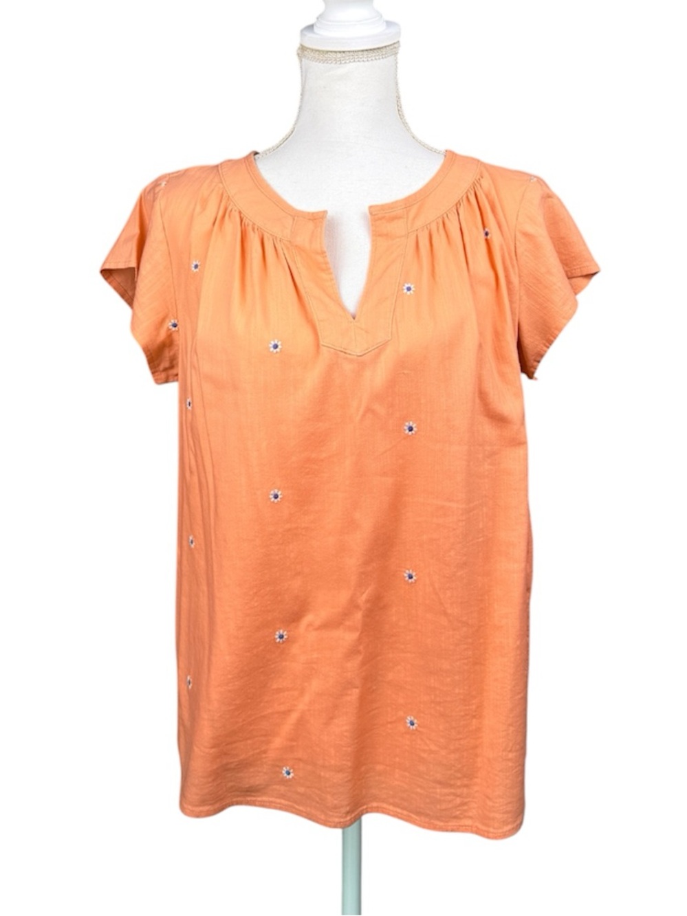 St. John's Bay Flutter Sleeve Blouse High Low Hem Papaya Punch Daisy Sz Small